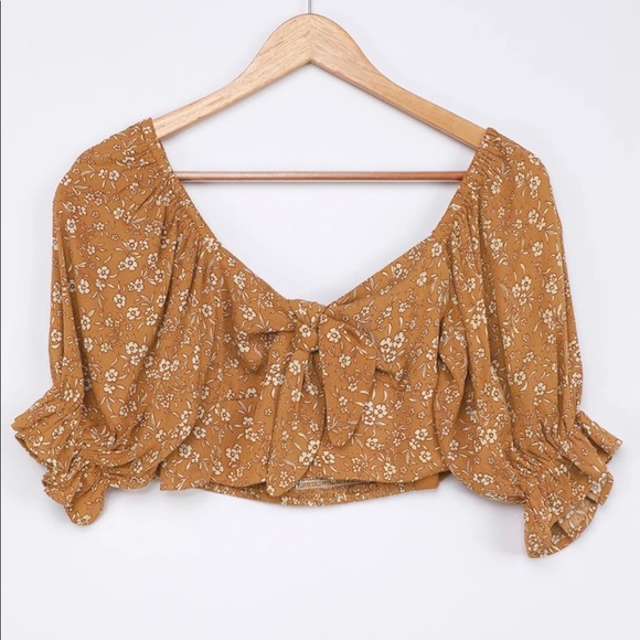 Lulus Golden yellow floral tie front crop top - Picture 4 of 7